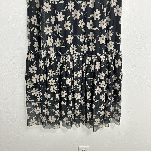 Easel Floral Tiered Ruffle Midi Skirt Chiffon Size L Lined Black Gray Boho Fairy - Picture 3 of 12